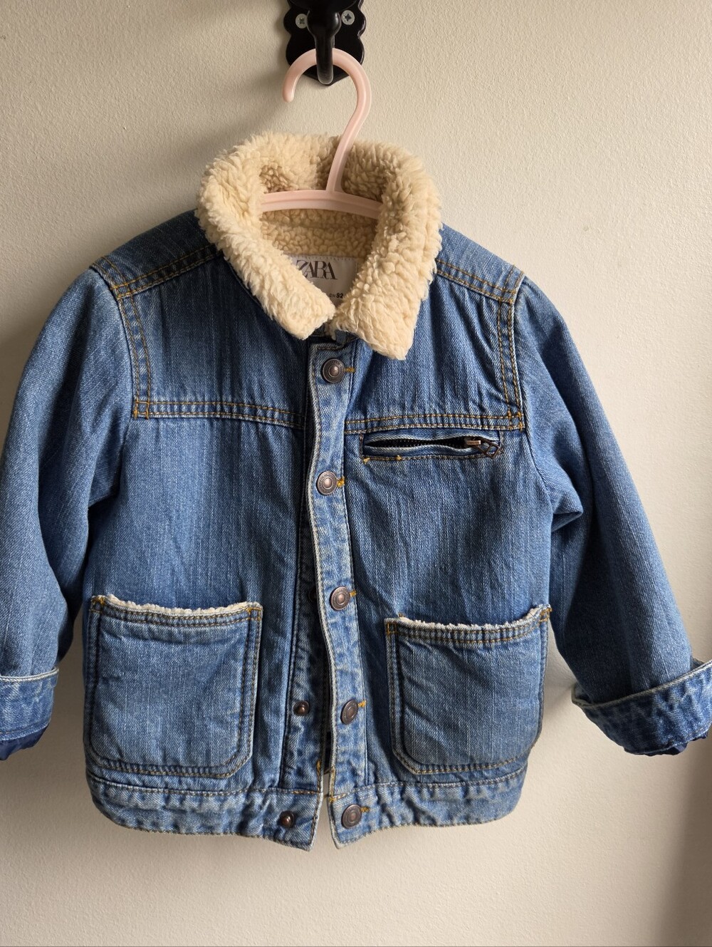 Zara Kids Blue Denim Jacket with Cream Sherpa Collar and Pocket Trim